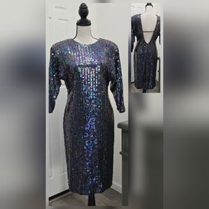 Oleg Cassini Vintage Sequin Dress Sz 8 Iridescent Open Back Cocktail Party Glam